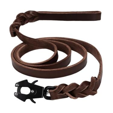 Imagem de GEIT Coleira de couro para cães de 1,2 m e 1,5 m, coleira de treinamento de cães resistente, correia trançada de couro genuíno com clipe tático de sapo de liberação rápida/trava para cães médios e
