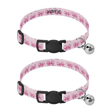 Imagem de SEHANY Conjunto de 2 coleiras de cachorro com laço rosa fofo, fivela de plástico resistente, leve, macia e leve, com sino pequeno, coleiras personalizadas com nome de animal de estimação para meninos