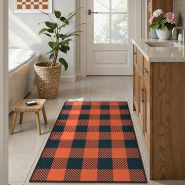 Imagem de LIVEBOX Tapete xadrez laranja para porta da frente - tapete xadrez de outono ao ar livre, tapetes de entrada antiderrapantes laváveis com aparência de juta, tapetes de decoração de entrada interna