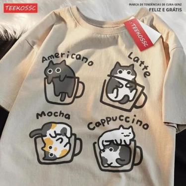 Imagem de Camiseta de Algodão Puro com Estampa de Gato e Flores - Manga Curta - 