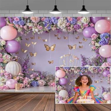 Imagem de Pano de fundo floral de borboleta roxa de 3,5 x 2,5 m para chá de panela, tema de princesa, borboleta, flores, decorações de festa de aniversário, chá de bebê, bolo, fundo de mesa