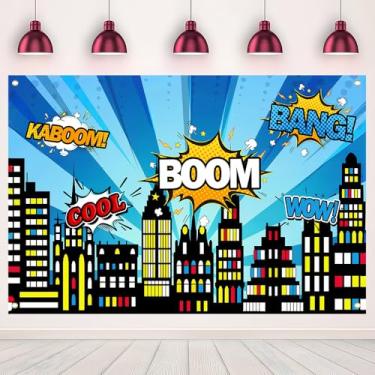 Imagem de MHLSWY 188 x 109 cm Wow Super Tema Herói Festa Banner Desenho Animado Aniversário Construção Cidade Boom Foto Fundo Arranha-céus Suprimentos Decoração Estúdio Adereços Bandeira Ao Ar Livre Sinal de