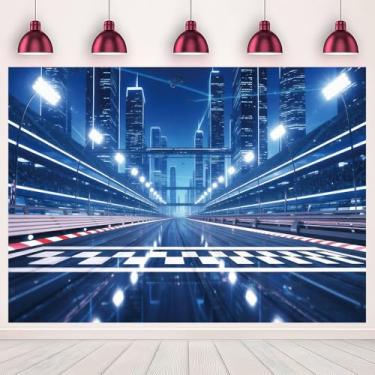 Imagem de MQCGLT 2,8 x 1,5 m Futurista Cyberpunk Racing Photo Pano de fundo Neon City Skyline Night Race Track Tema Fotografia Fundo Aniversário Baile Festa Festa Decoração Poliéster
