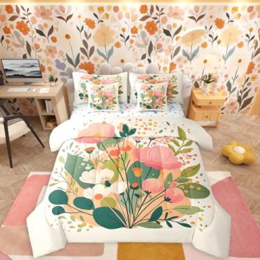 Imagem de Erosebridal Jogo de cama de solteiro, floral, 7 peças, floral, folhas de primavera, verão, jardim botânico, para meninas, adolescentes e adultos, conjunto de cama em uma bolsa, bege e rosa