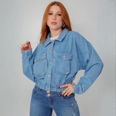 Imagem de Jaqueta Feminina Cropped Jeans Bomber Bolso Frontal Fecho em Botão Elastano Lycra-Feminino
