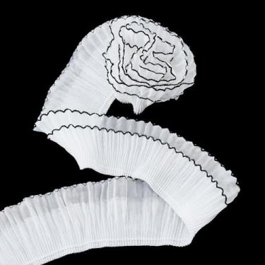 Imagem de letsinstyle Acabamento de 2 metros de camada dupla branca com babados, acabamento de renda plissada de poliéster de 6 cm, fita de costura reunida com borda preta para decoração, enfeite de colarinho