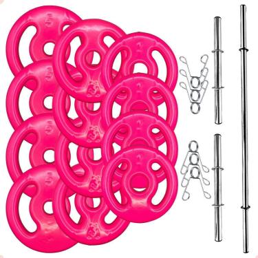 Imagem de Kit Anilhas Emborrachadas Rosa 40 Kg + Barras com Presilhas-Unissex