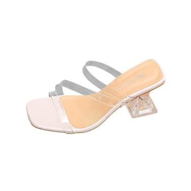 Imagem de Sandália feminina primavera verão moderna plus size tira transparente salto alto salto cristal design de salto grosso, Bege, 35