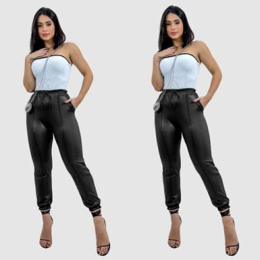 Imagem de Kit 2 Calça Jogger Feminina Cintura Alta Com Cordão Cirrê - SWISS BOUT