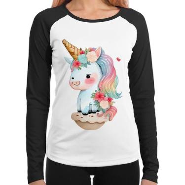 Imagem de Baby Look Raglan Unicórnio Bebê Manga Longa - Foca na Moda, Branco, Pr