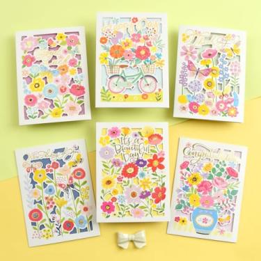 Imagem de 6 peças de cartões pop-up florais de primavera, conjunto de cartões comemorativos feitos à mão com corte a laser 3D com folha dourada, dentro em branco para aniversário, agradecimento, parabéns