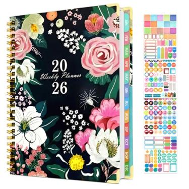 Imagem de Agenda 2026, calendário acadêmico semanal e mensal (janeiro de 2026 a dezembro de 2027), encadernação em espiral com abas coloridas, adesivos, capa resistente, papel premium, bolso interno, material