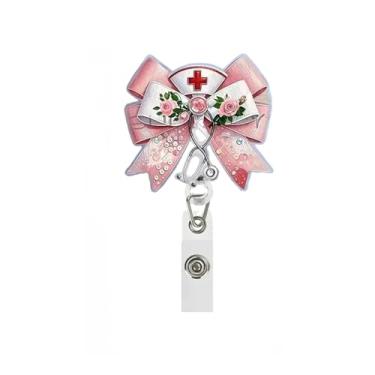 Imagem de Carretel de crachá de enfermeira dos namorados, suporte de crachá de laço rosa com clipe retrátil, design de laço de flor, etiqueta de nome, clipe jacaré, cartão de identificação, suprimentos para