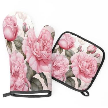 Imagem de Luvas de forno de peônia rosa e suportes de panela luvas de churrasco, luvas de forno de cozinha resistentes ao calor, almofadas quentes para cozinhar, assar, grelhar