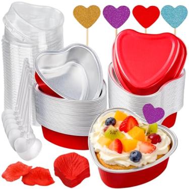 Imagem de Formas de bolo em forma de coração, mini formas de bolo de alumínio para dia dos namorados com tampas para assar, 36 pacotes, 100 ml, copo de cupcake descartável, utensílios de panificação, para