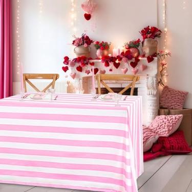 Imagem de SoarDream Toalha de mesa listrada rosa e branca 137 x 213 cm, retangular, impermeável, dia dos namorados, para decoração de Páscoa, férias, primavera, piquenique, festa de aniversário