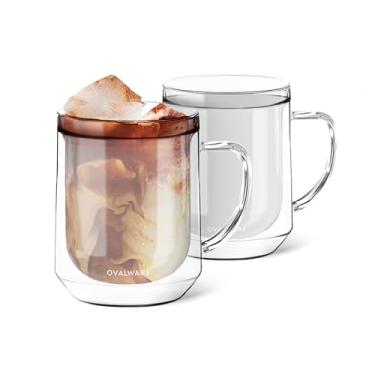 Imagem de ovalware Canecas de café de vidro de parede dupla de 500 ml, canecas de lábio único feitas de vidro borossilicato durável, caneca de café isolada com alça para bebidas quentes e frias - branco gelado
