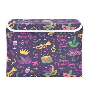 Imagem de Wassud Cestos de armazenamento dobráveis com tampas Happy Mardi Gras Party Cestas organizadoras de tecido dobrável para armário, casa e decoração sazonal 41,5 x 32,5 x 39,5 cm x 28 cm