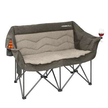 Imagem de HOMECALL Cadeira de acampamento dupla acolchoada grande para adultos, resistente, dobrável, sofá de 317 kg, sofá de acampamento portátil para 2 pessoas com porta-copos e bolsa de armazenamento para