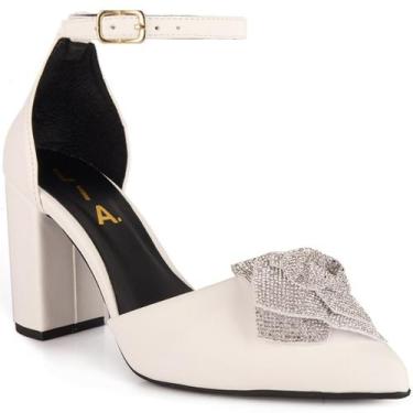 Imagem de Sapato Feminino Scarpin Salto Alto Grosso Bico Fino Branco Flor Brilho