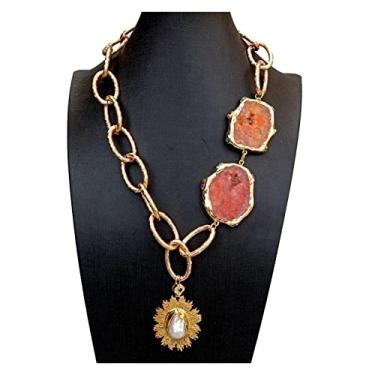 Imagem de DWBPGVUN Colar de corrente banhada a ouro com fatia de ágata laranja, pingente de pérola branca Keshi 56 cm
