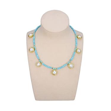 Imagem de DWBPGVUN Joias 4 mm facetada redonda azul turquesa colar pingente de pérola branca cultivada 43 cm vintage para mulheres