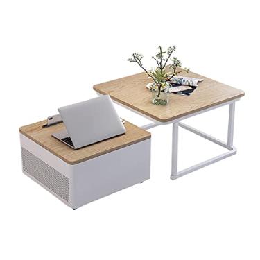 Imagem de U5GAAALPPQ9 Mesa de centro de metal, tampo de madeira, conjunto de 2 mesas de centro, mesa lateral para sala de estar, quarto, sala de jantar, cor branca e carvalho (cor de carvalho)