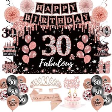Imagem de Decorações de aniversário de 30 anos para meninas, 52 peças, conjunto de festa em ouro rosa e preto, coroa e faixa de 30 anos, banner de pano de fundo, balões para pendurar velas, redemoinhos