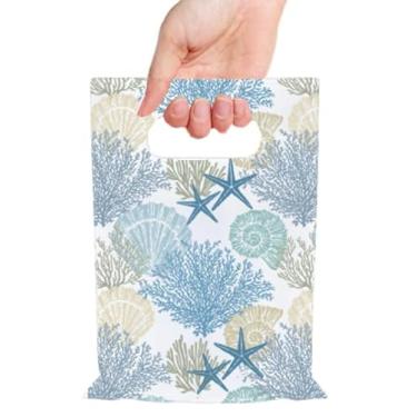 Imagem de Whaline 50 peças de sacolas de plástico para lembrancinhas de festa na praia costeira com alças concha coral doces para chá de bebê de verão e aniversário