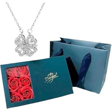 Imagem de Colar Coração Trevo Magnético Prata Cx Presente Rosa Eterna