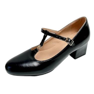 Imagem de MEOTINA Sapato feminino Mary Jane com tira em T, sapatos de casamento salto baixo grosso, Preto 2, 39