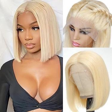 Imagem de Peruca de cabelo humano loiro curto liso 13x4x1 para mulheres negras cabelo humano loiro 613 polegadas 150% densidade brasileiro virgem Bob perucas de cabelo humano pré-arrancado com cabelo de bebê