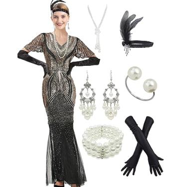 Imagem de 1920s Gatsby Flapper Evening Party Dress V Neck Sequins Mermaid Hem Cocktail Long Maxi Gown w/ 20s Accessories Set Black Gold