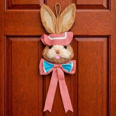 Imagem de Pendente Cabeça Coelho Com Laço Decoração Páscoa Palha 85cm Rosa