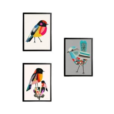 Imagem de Kit 3 Quadros Passarinhos Coloridos 33X24 Com Vidro - Preta