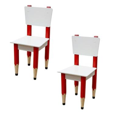 Imagem de Kit 2 Cadeiras Cadeira Infantil Lápis Vermelho Assento e Encosto Brancos Para Estudos e Desenhos Mobília Decor