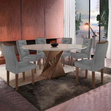Imagem de Conjunto Sala de Jantar 6 Lugares Redonda Tampo 120cm Vidro/mdf Mesa e Cadeiras Barcelona Yescasa Chocolate/Cinza