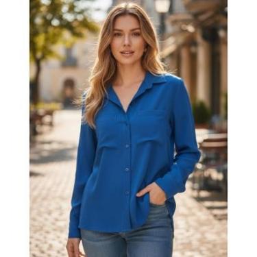 Imagem de Camisa Social Blusa Manga Longa Feminina Com Bolsos Botões Transparentes Linho Alfaiataria Fio a Fio-Feminino