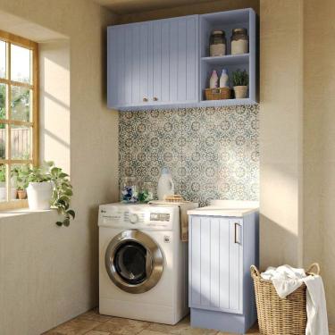 Imagem de Cozinha Modulada 3 Peças 1 Aéreo 1 Balcão com Tampo 1 Nicho 40cm Marselha Cabecasa Madeiraoriginals Azul Sereno