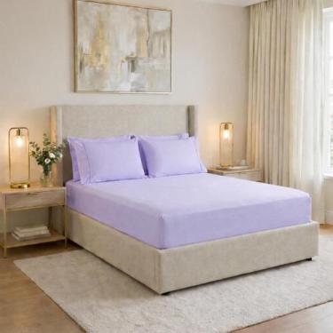 Imagem de Lençol de Cama Casal 400 Fios 3 Peças 40cm Altura 100% algodao com ela