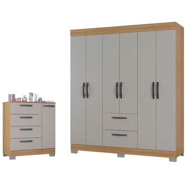 Imagem de Cômoda e Guarda Roupa Casal 868 Tóquio 7 Portas 4 Gavetas em MDP 164cm Off White Poquema