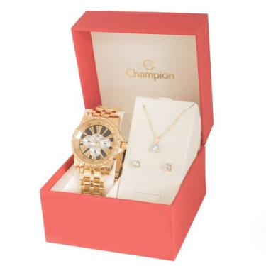 Imagem de Kit Relógio Feminino Champion Ana Hickmann Dourado Multi-Função AH3018