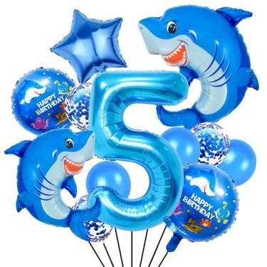Imagem de Conjunto de Balões Woizoeiy Tubarão Azul Número 5 de 40" para Festa