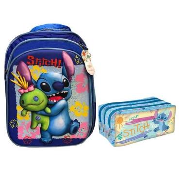 Imagem de Kit Mochila e Estojo Escolar Infantil Triplo Stitch Azul - DAC