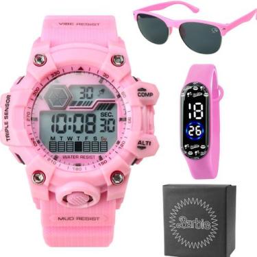 Imagem de relogio digital infantil prova dagua caixa + oculos sol rosa esportivo