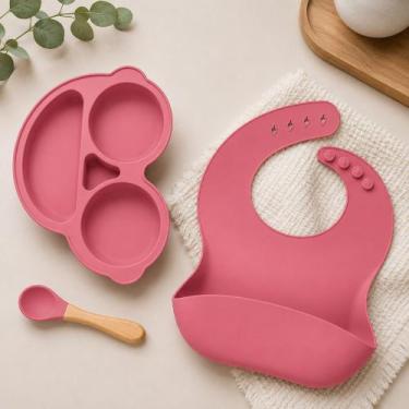 Imagem de Kit Alimentação Bebê Silicone 3 Peças Prato Babador BPA Free - Era Uma
