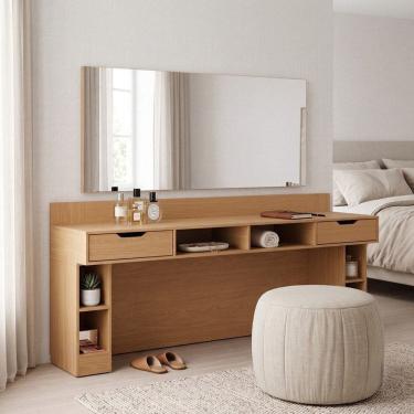 Imagem de Penteadeira Escrivaninha com Espelho 2 Gavetas 6 Nichos 205x90cm Linha Liga Modulado Canela