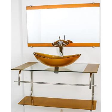 Imagem de GABINETE DE VIDRO PARA BANHEIRO INOX 90CM CUBA OVAL DOURADO REAL