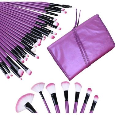 Imagem de Kit Pincéis Maquiagem 32 Peças Estojo Organizador Roxo