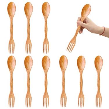 Imagem de UPTALY 10 peças de garfo de madeira reutilizável com colher (21 cm), garfo e colher 2 em 1 com cabo longo, utensílios combinados leves para viagem, talheres de viagem de madeira para mochila, caminhadas, piquenique, acampamento